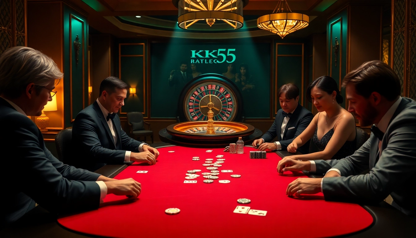 Players enjoying an exciting game at the KK55-themed casino table with vibrant poker chips.