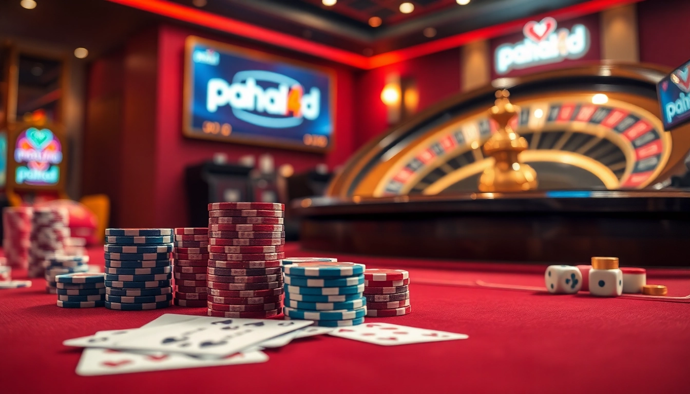 Pahala4d showcases a luxurious casino experience featuring poker chips, playing cards, and a roulette wheel.