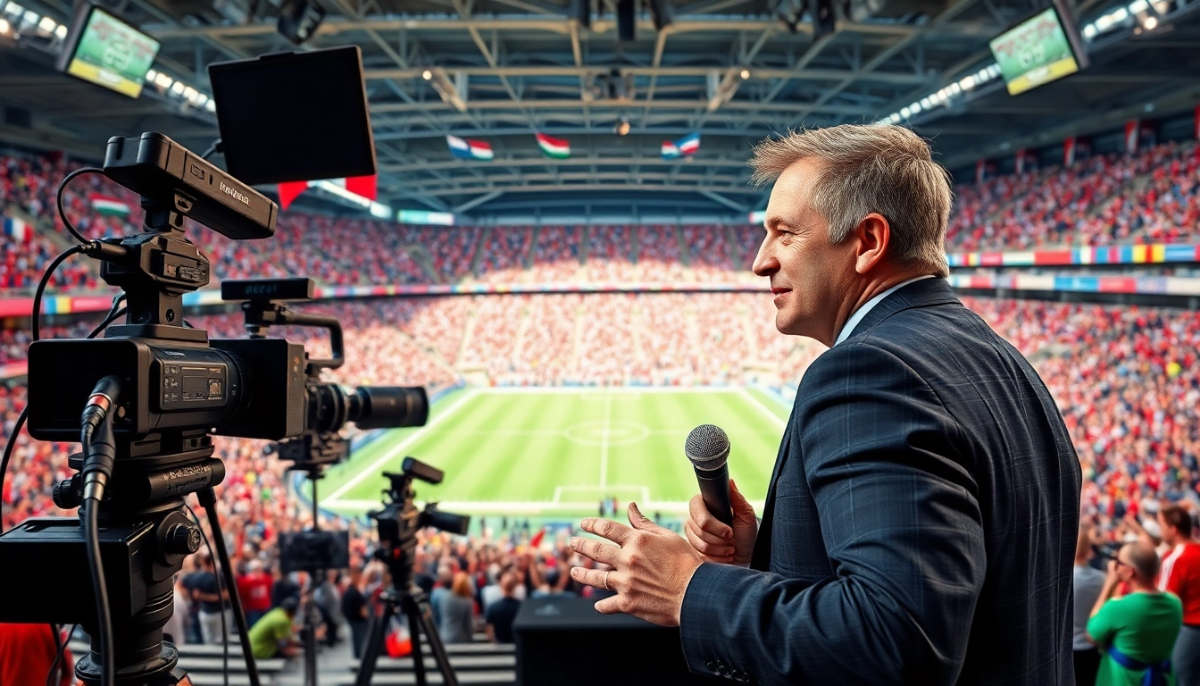 Host delivering sports broadcasting live amidst a vibrant stadium atmosphere.