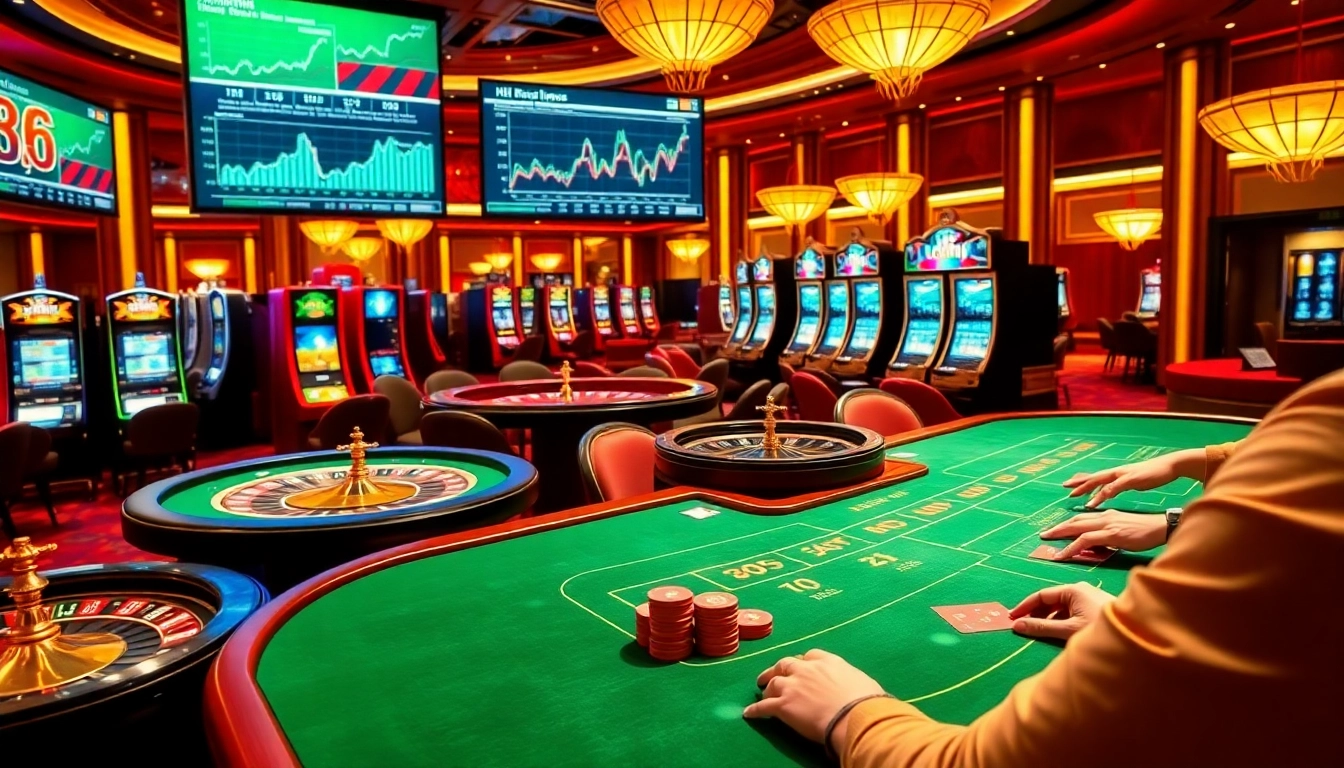 Engaged gamblers examining data china trends at a bustling casino with poker tables and slot machines.