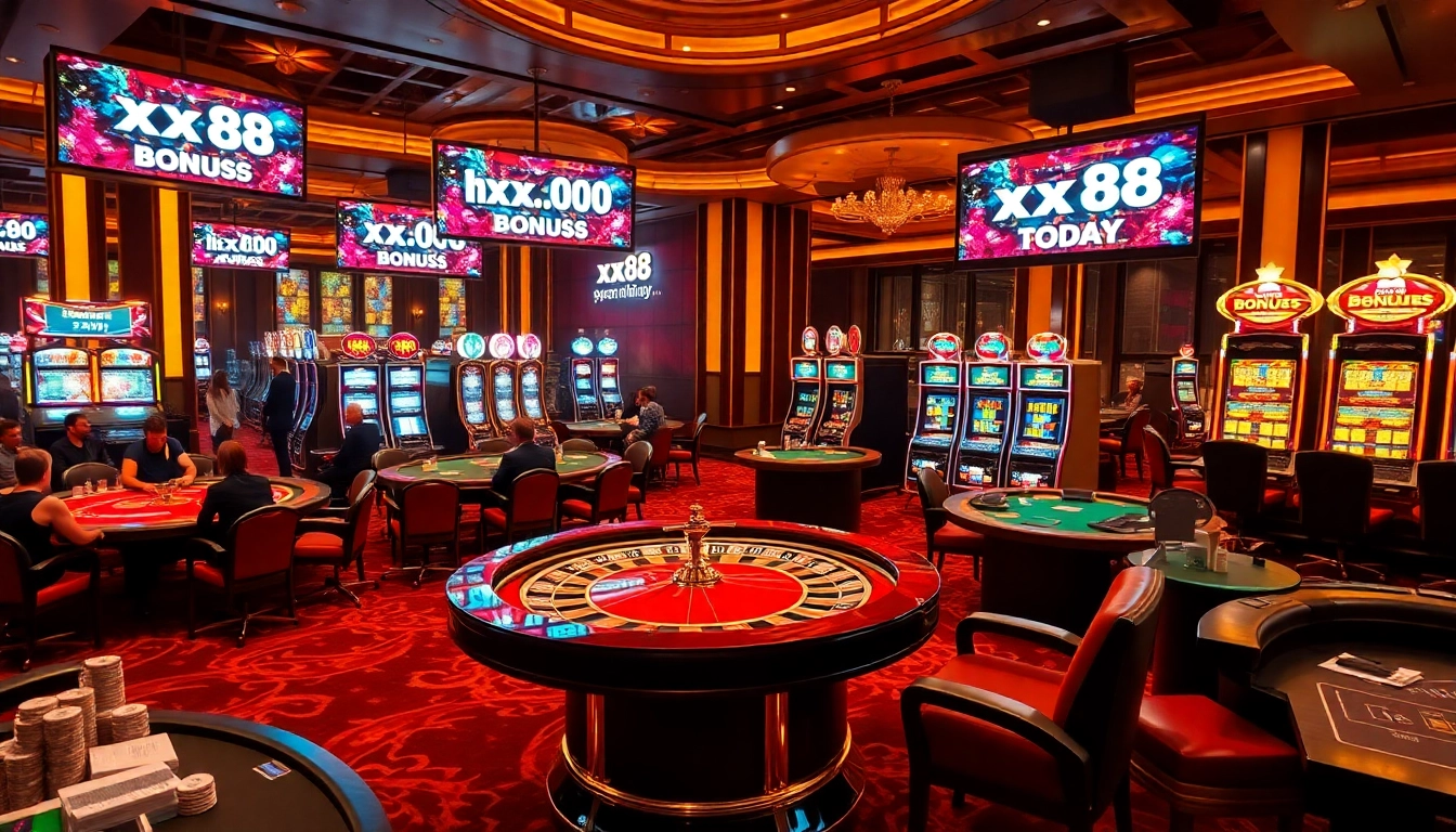 Experience the luxury gaming world at https://xx88.today/ with vibrant slot machines and poker tables.