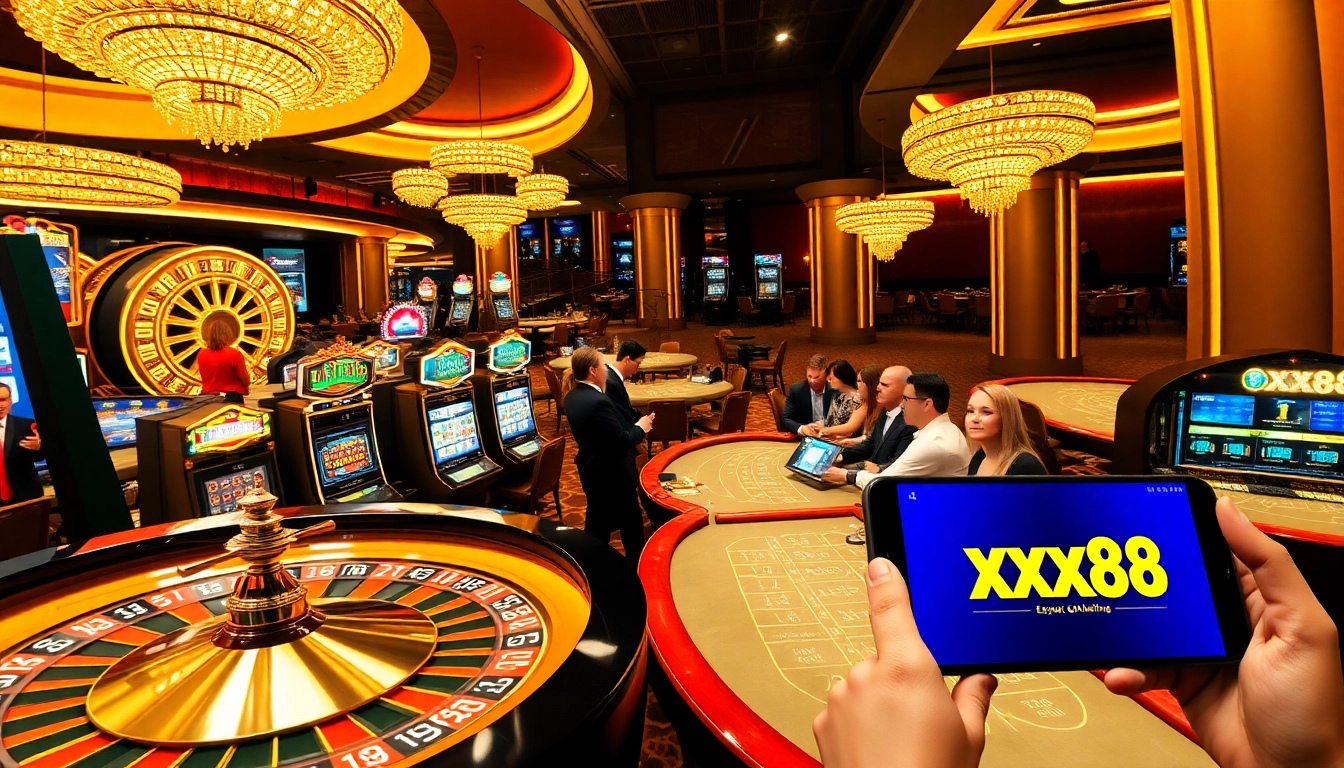 Players enjoying thrilling games at xx88 online casino with vibrant roulette and slots.