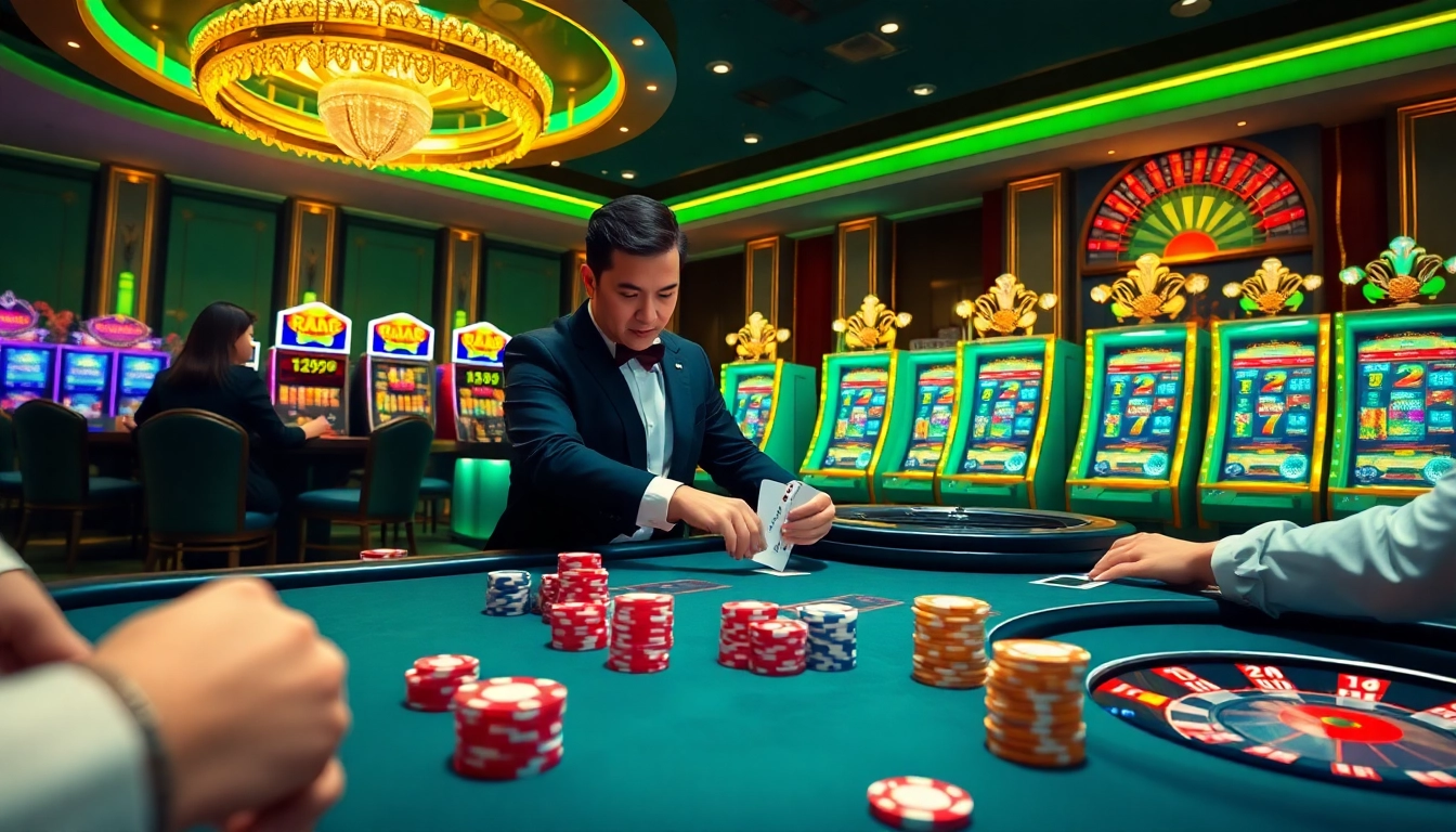 Players engaging in thrilling gambling action at raja 88 poker tables in a luxurious casino.
