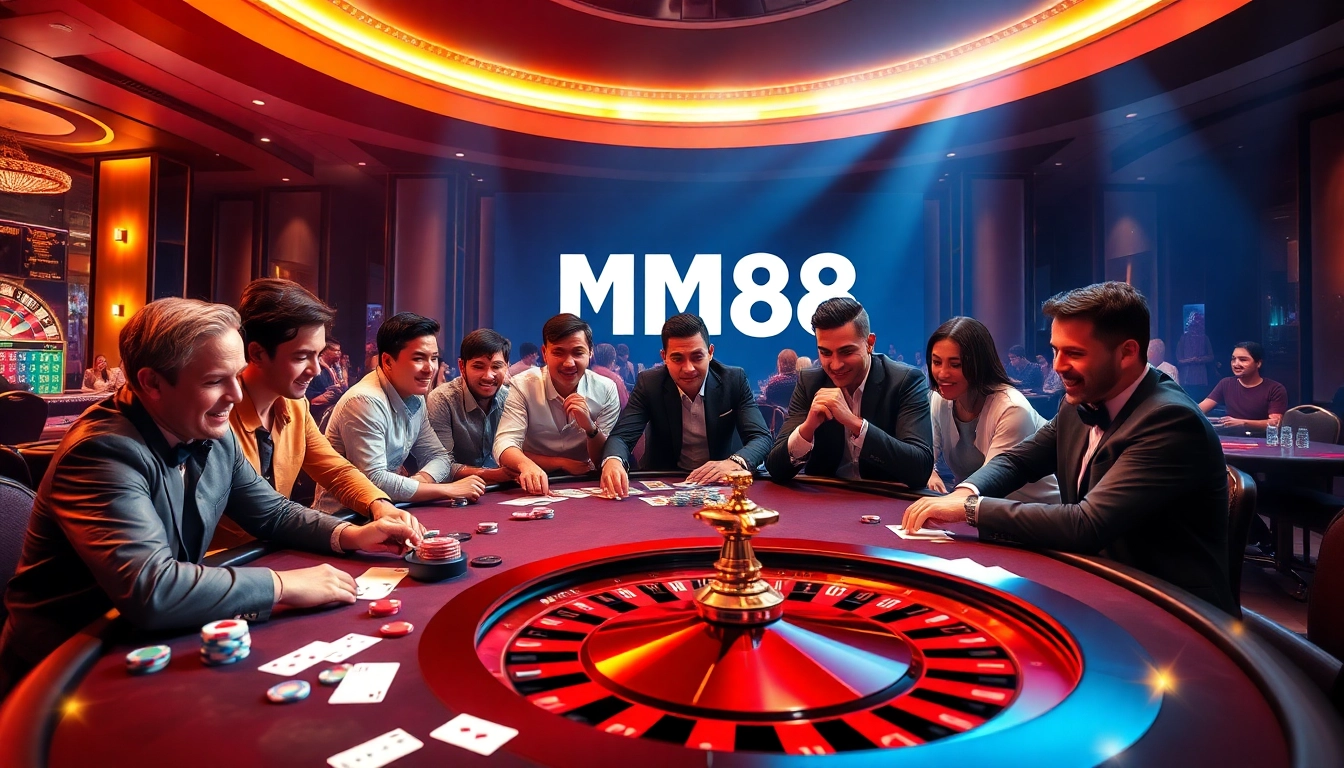 MM88 online casino visual featuring an exciting poker game with diverse players and luxury ambiance.