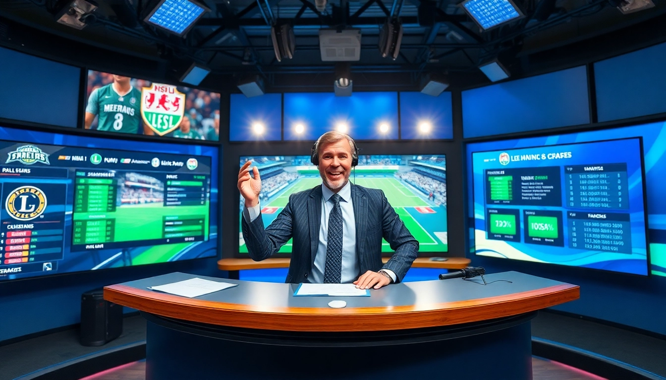 Sports Broadcasting commentator in a vibrant studio, showcasing live game statistics.