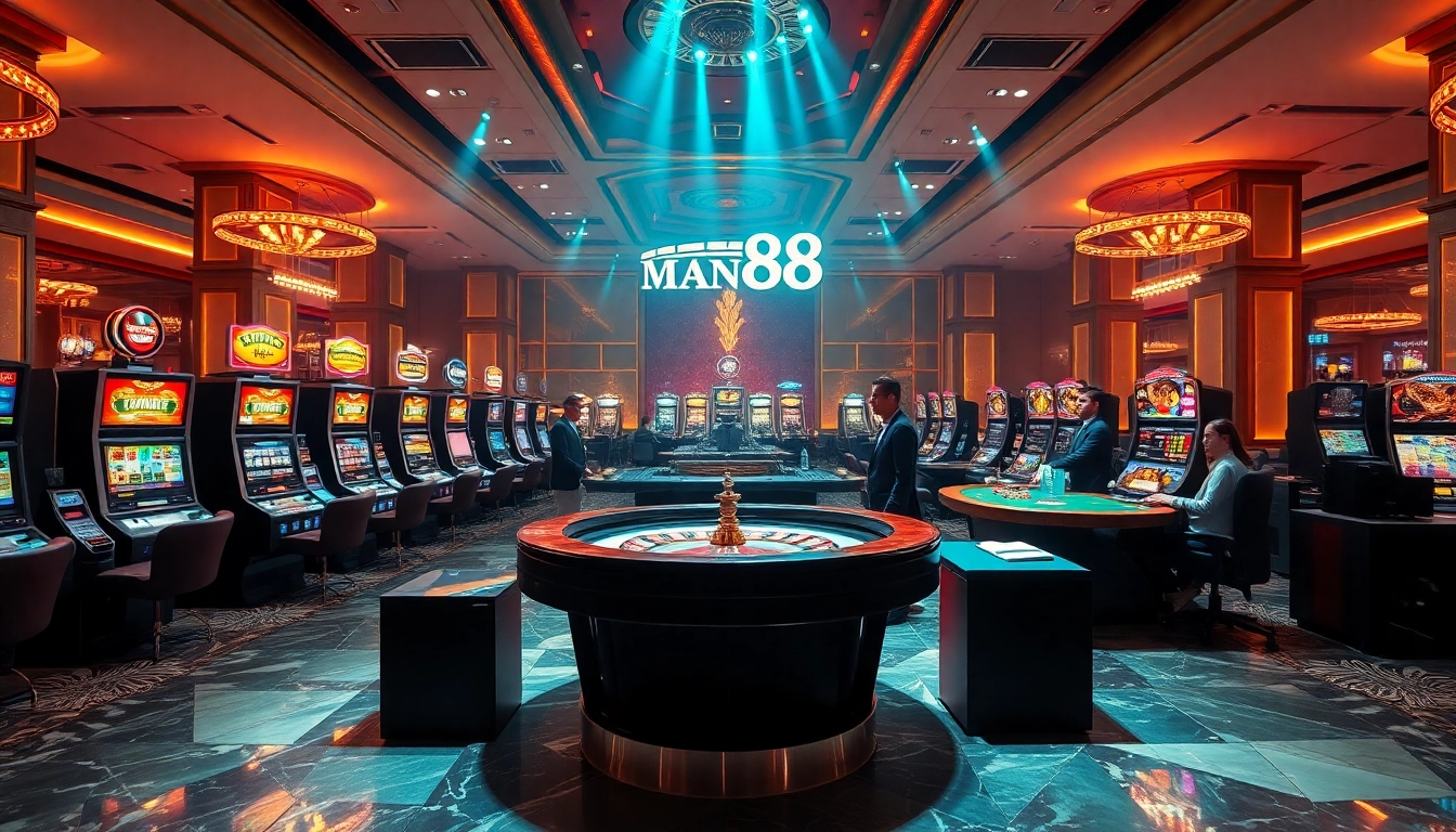 Players enjoying live casino games at Man88, surrounded by vibrant gaming tables and slots.