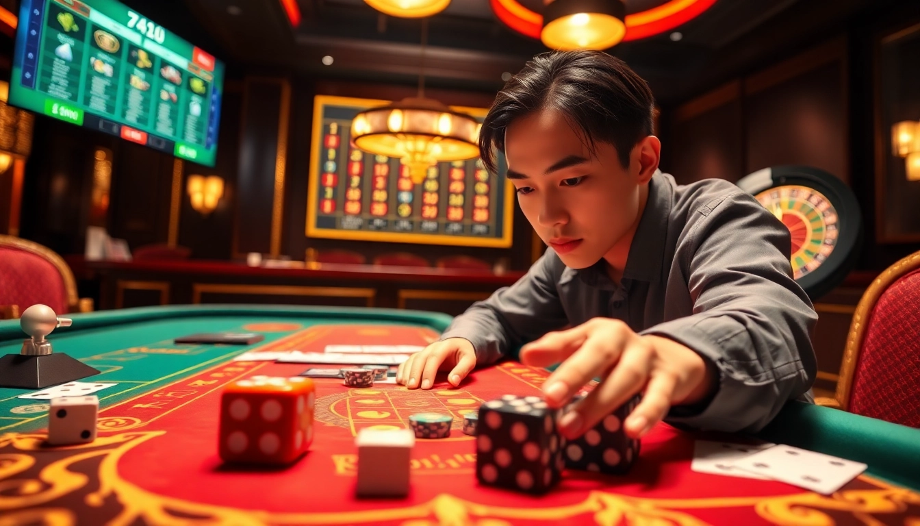 Experience Taixiu at a luxurious casino table filled with dice and betting chips.