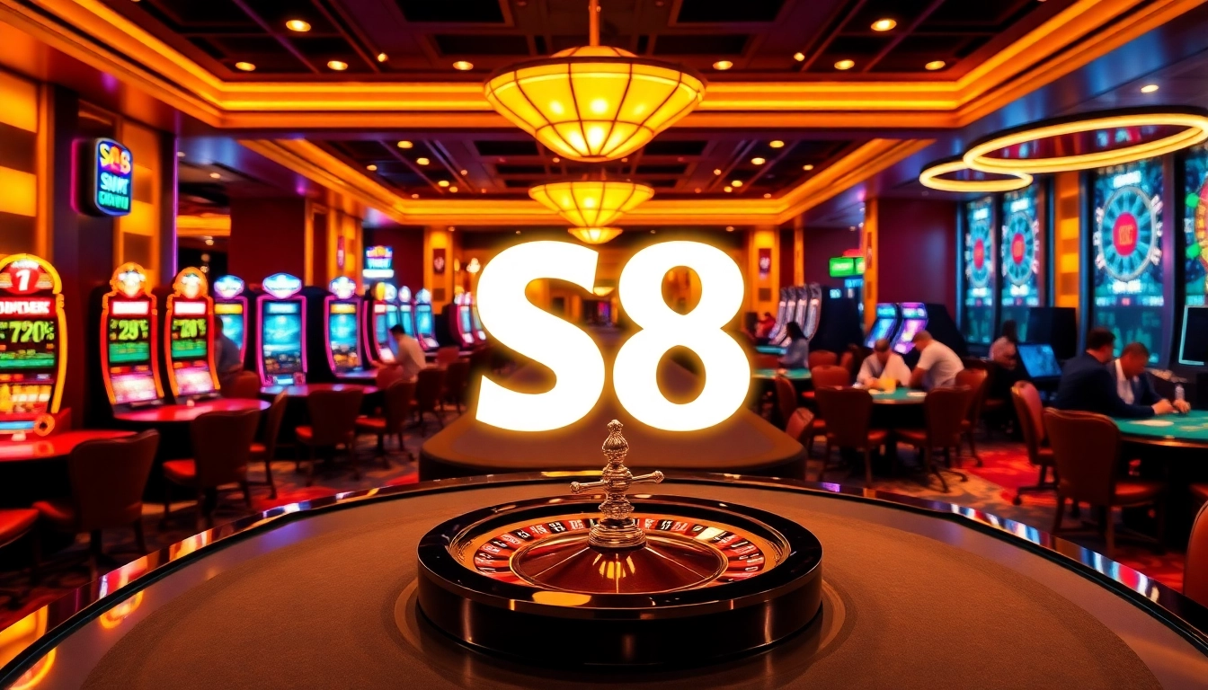 S8 casino players enjoying vibrant slot machines and table games in an elegant setting.