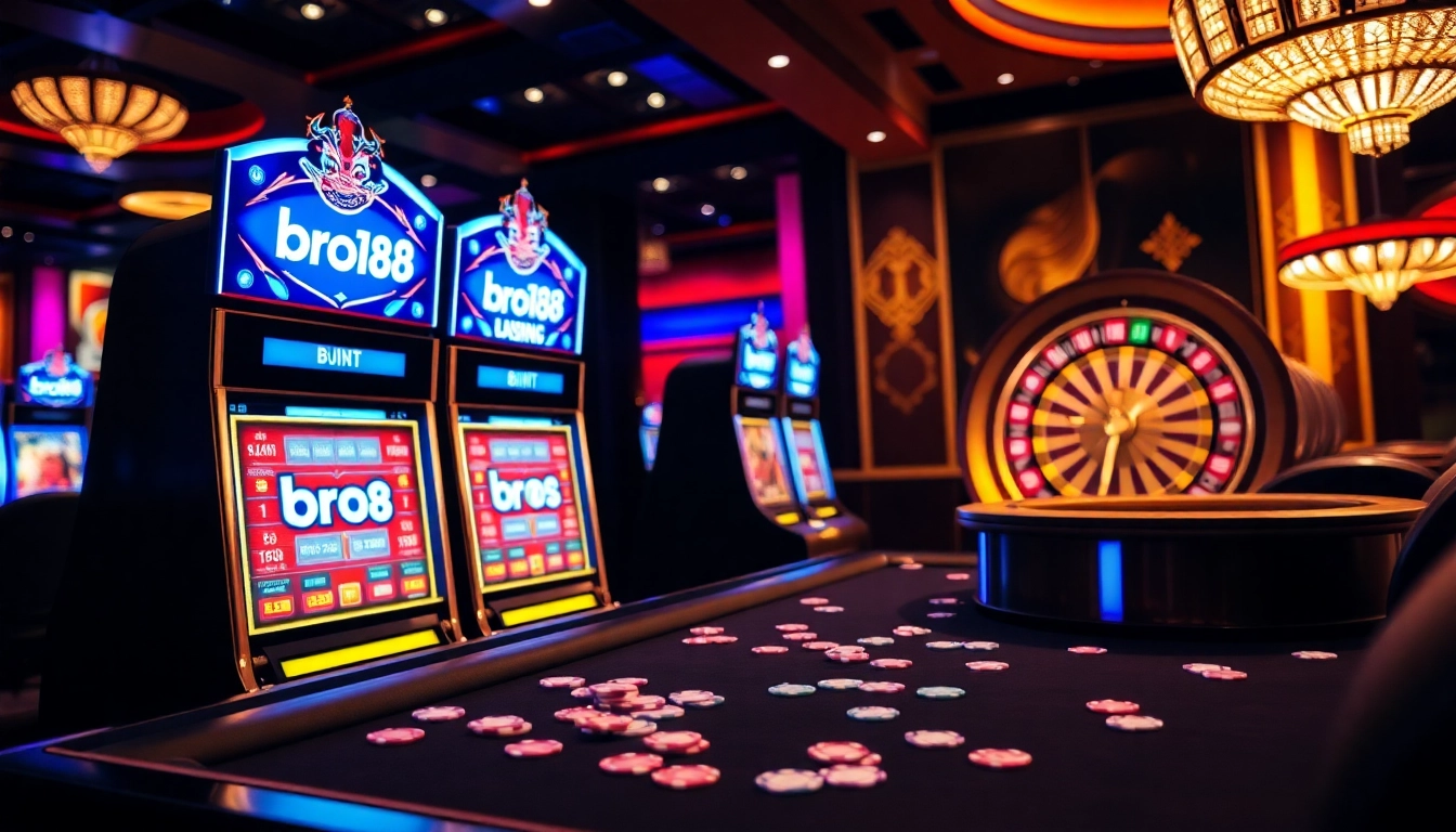 Engaging scene of high-stakes gaming at a casino featuring bro138 slot machines and vibrant poker tables.