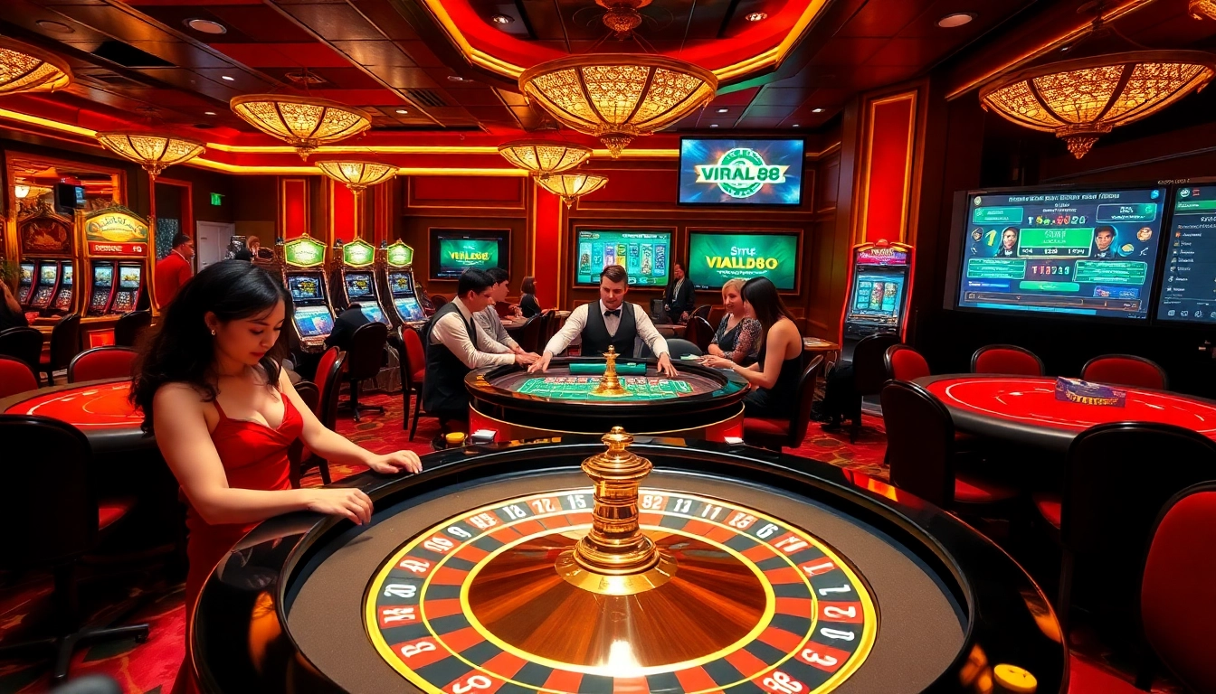 Engaged players at a viral88 casino table, surrounded by vibrant slot machines and luxurious ambiance.