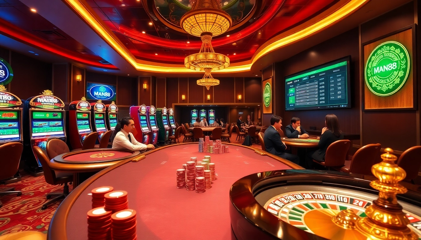 Experience the vibrant excitement of Man88 with luxury poker tables and engaging gameplay.