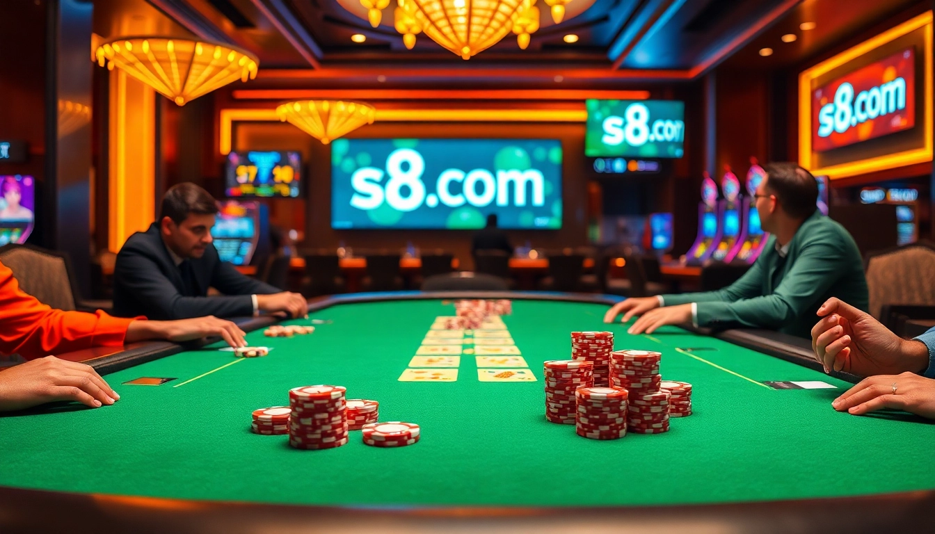 Experience thrilling action at the s8 com casino with players wagering on cards and chips.