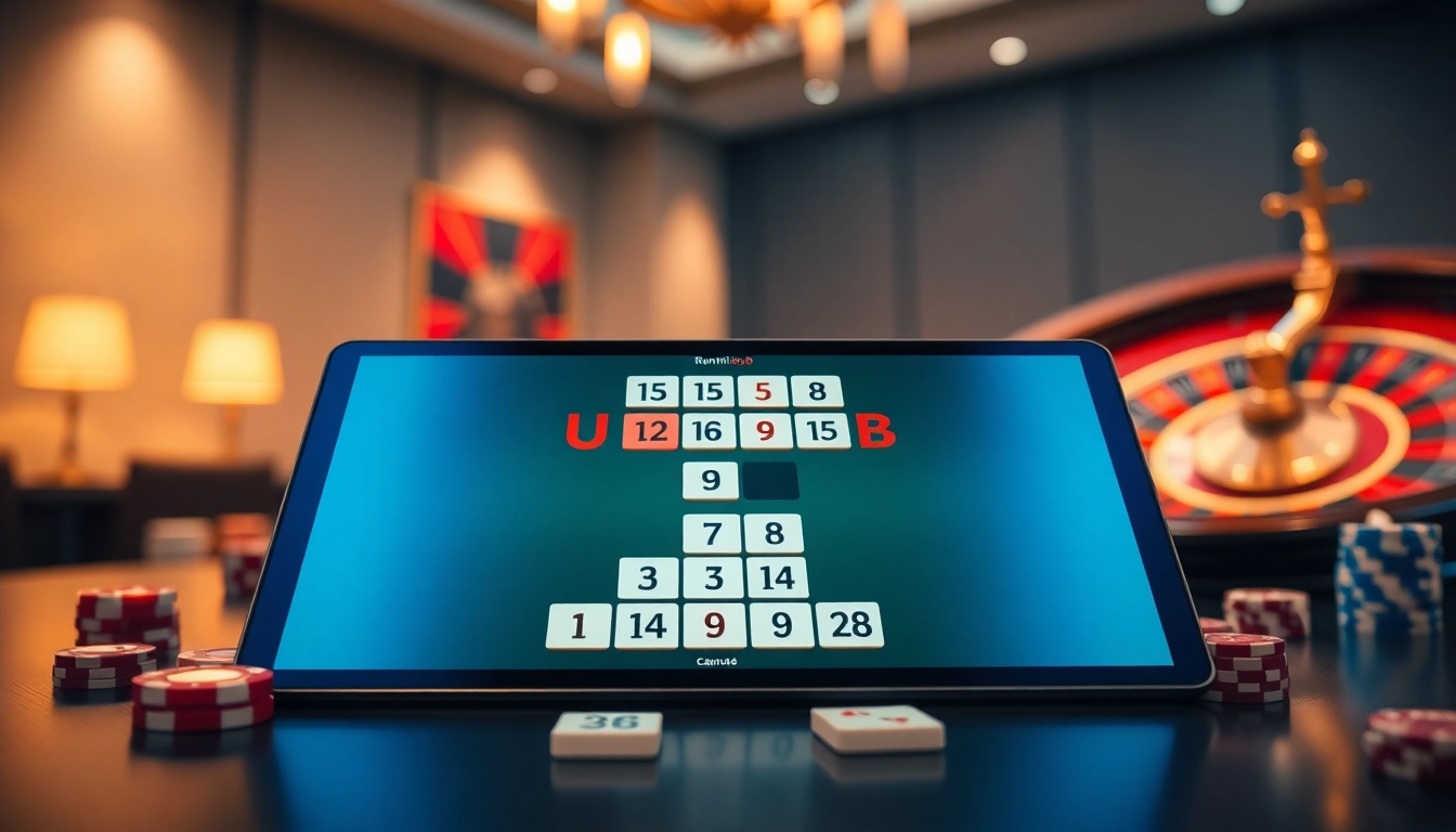 משחק רמיקוב אונליין מרתק על טאבלט, מוקף באלמנטים של קזינו.