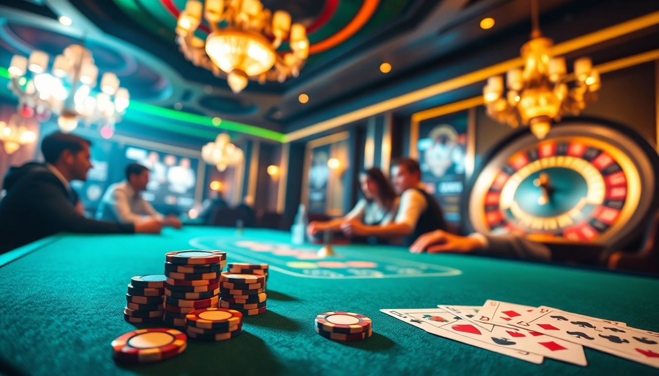 Players engaging in high-stakes poker with Gopay88 elements in a luxurious casino setting.