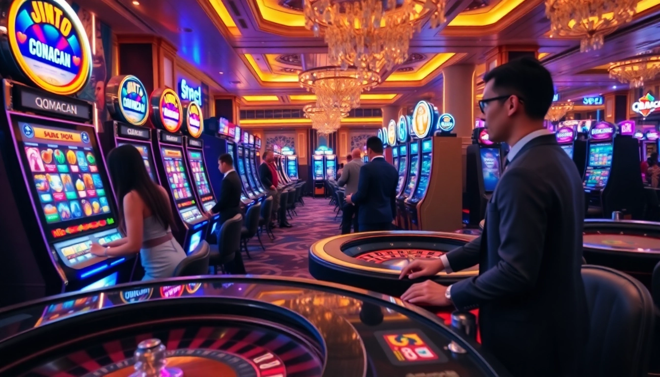 Experience thrilling action at QQMacan's vibrant slot machines in a luxurious casino setting.