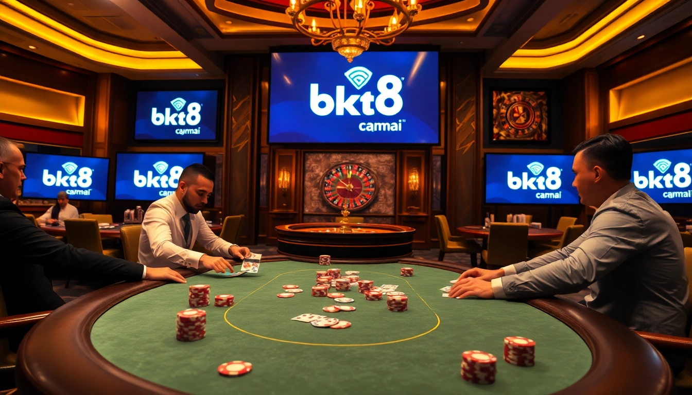 Excitement at the bk8thai poker table with colorful chips and cards in a luxurious casino.