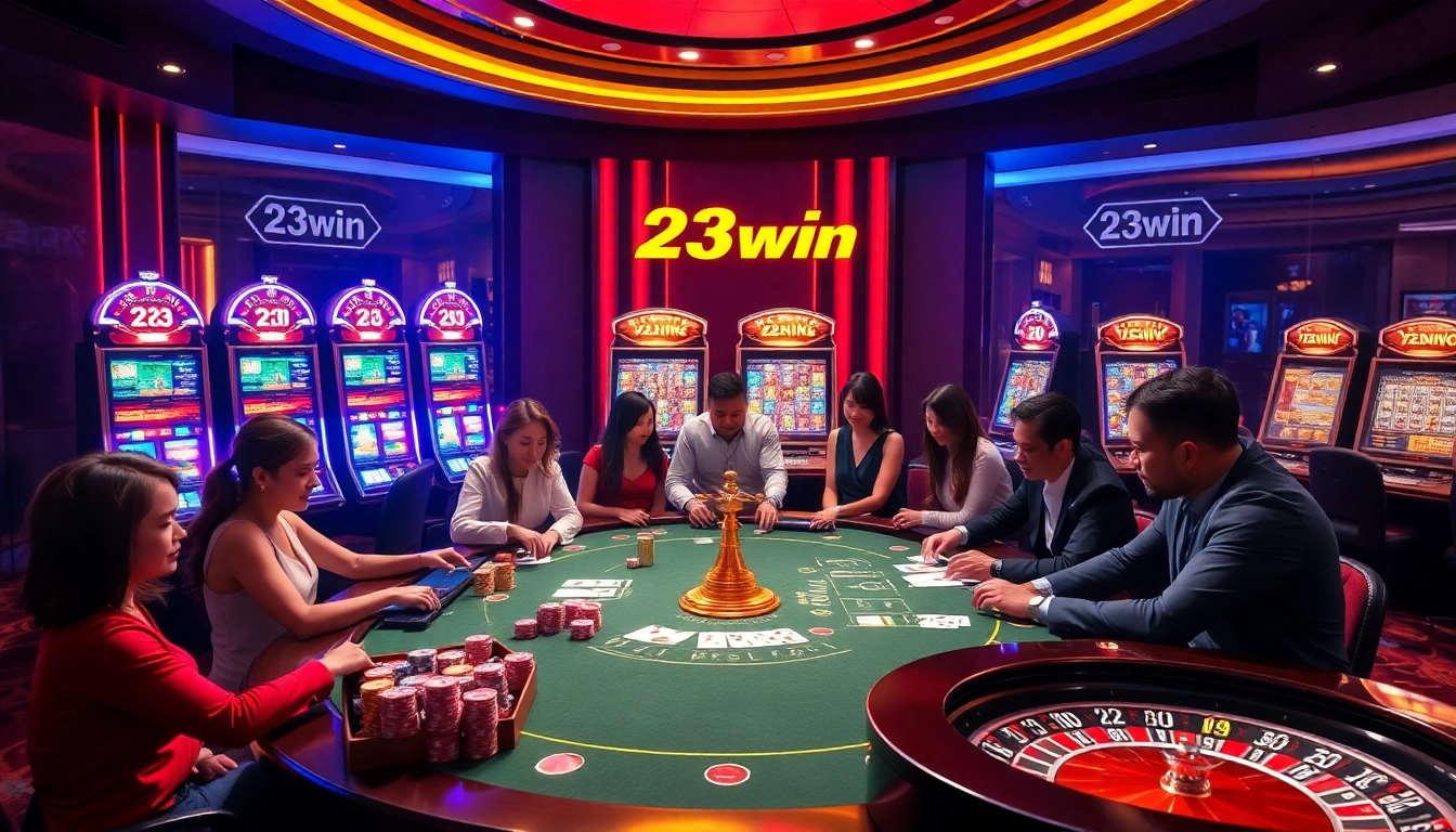 Excited players at a 23win casino table featuring poker chips and vibrant slot machines.