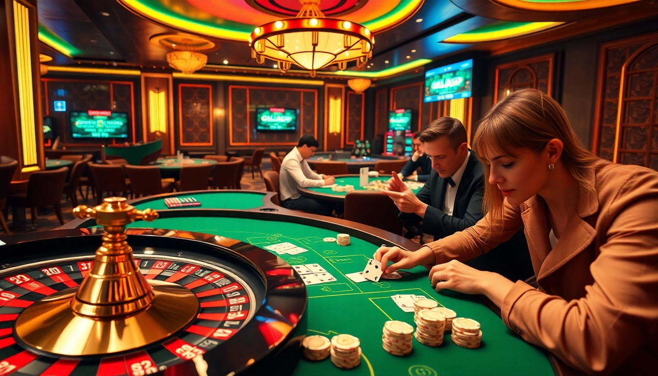 Experience the thrill of casino gaming at gilajp with poker chips and a roulette wheel.