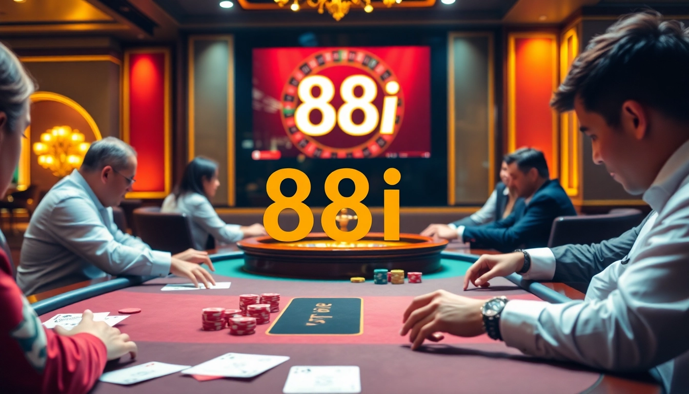 Players engage in a high-stakes poker game at a vibrant 88i casino, surrounded by colorful chips and a roulette wheel.