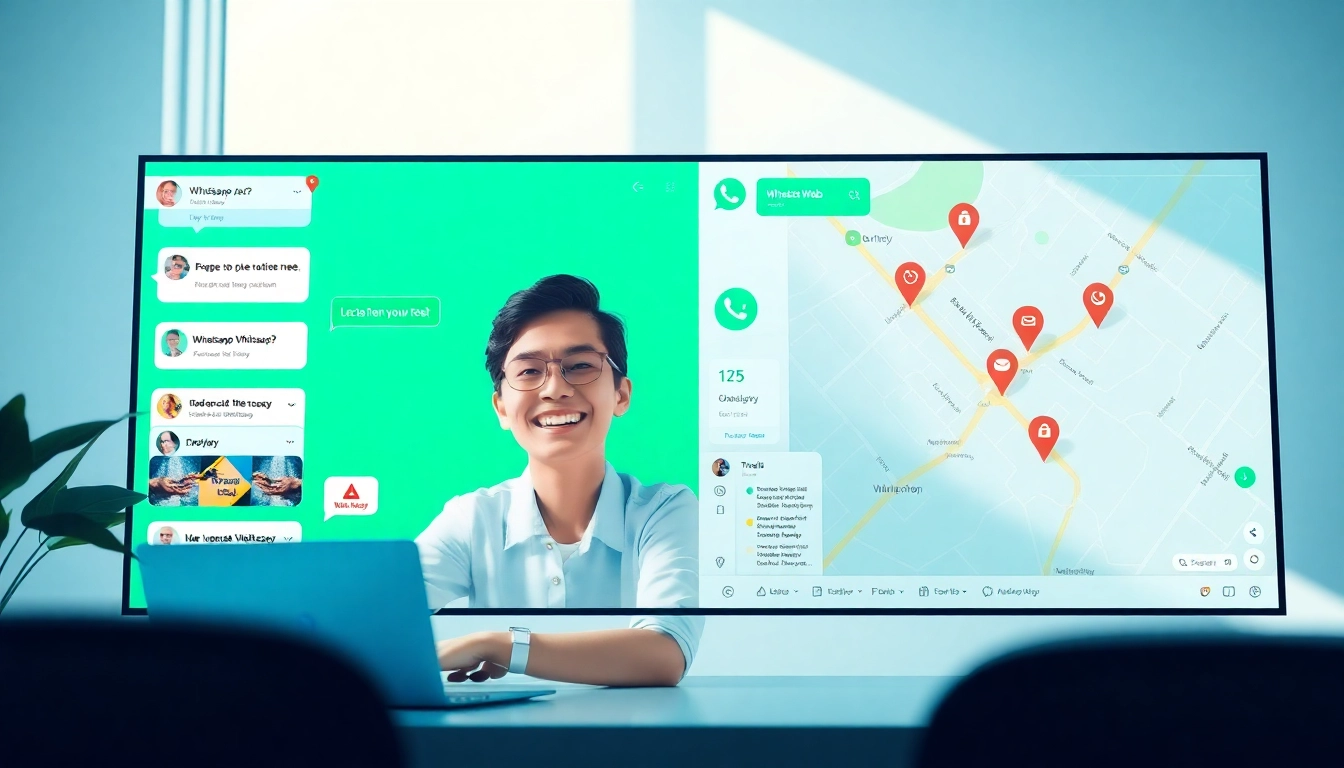 生动的 WhatsApp Web 界面，展示快连VPN 的消息、视频通话和位置共享等功能。