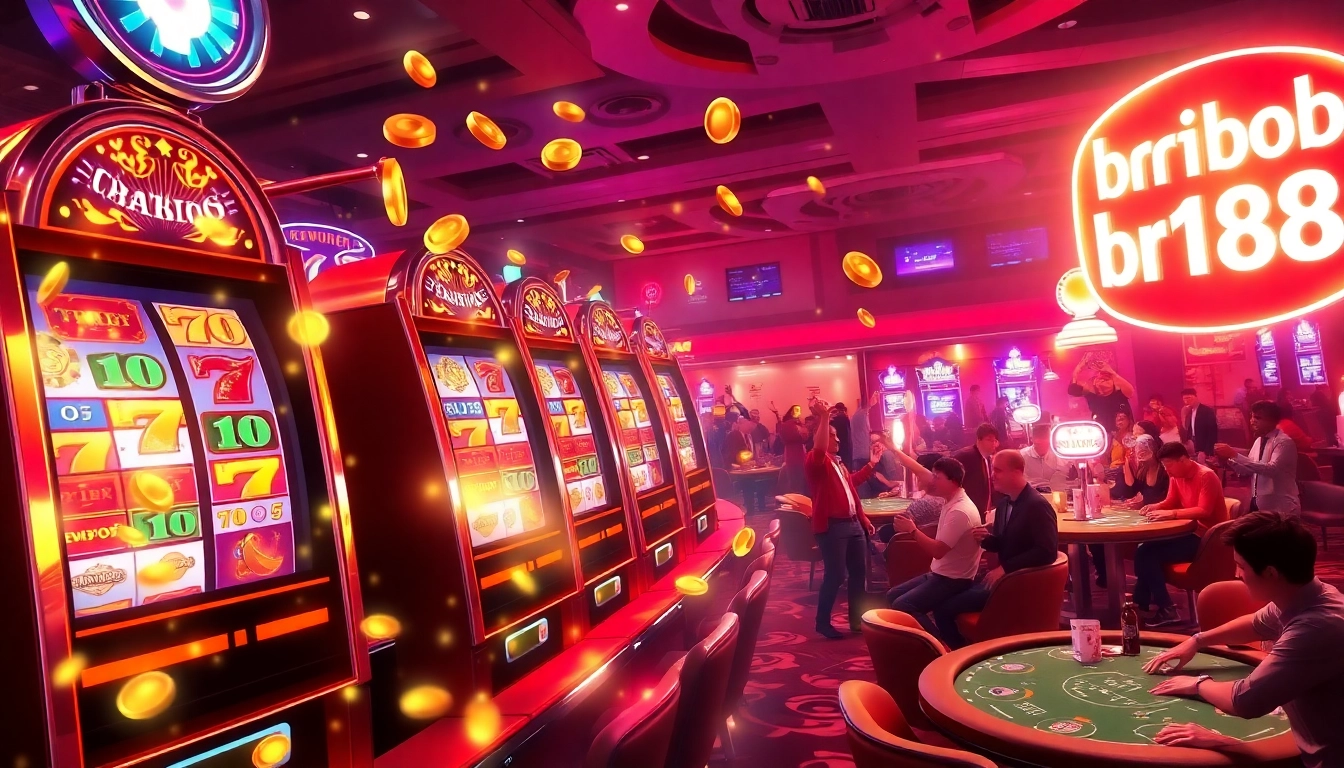 Experience the excitement of bro138 with vivid slot machines and joyful players celebrating wins.