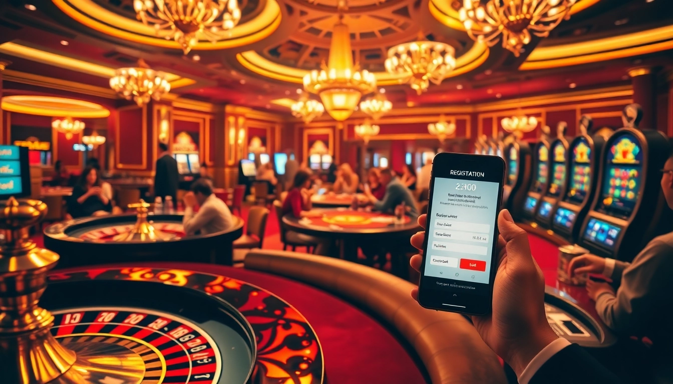 Engage in thrilling gameplay and registration at the casino, showcasing poker tables, roulette, and vibrant slot machines.
