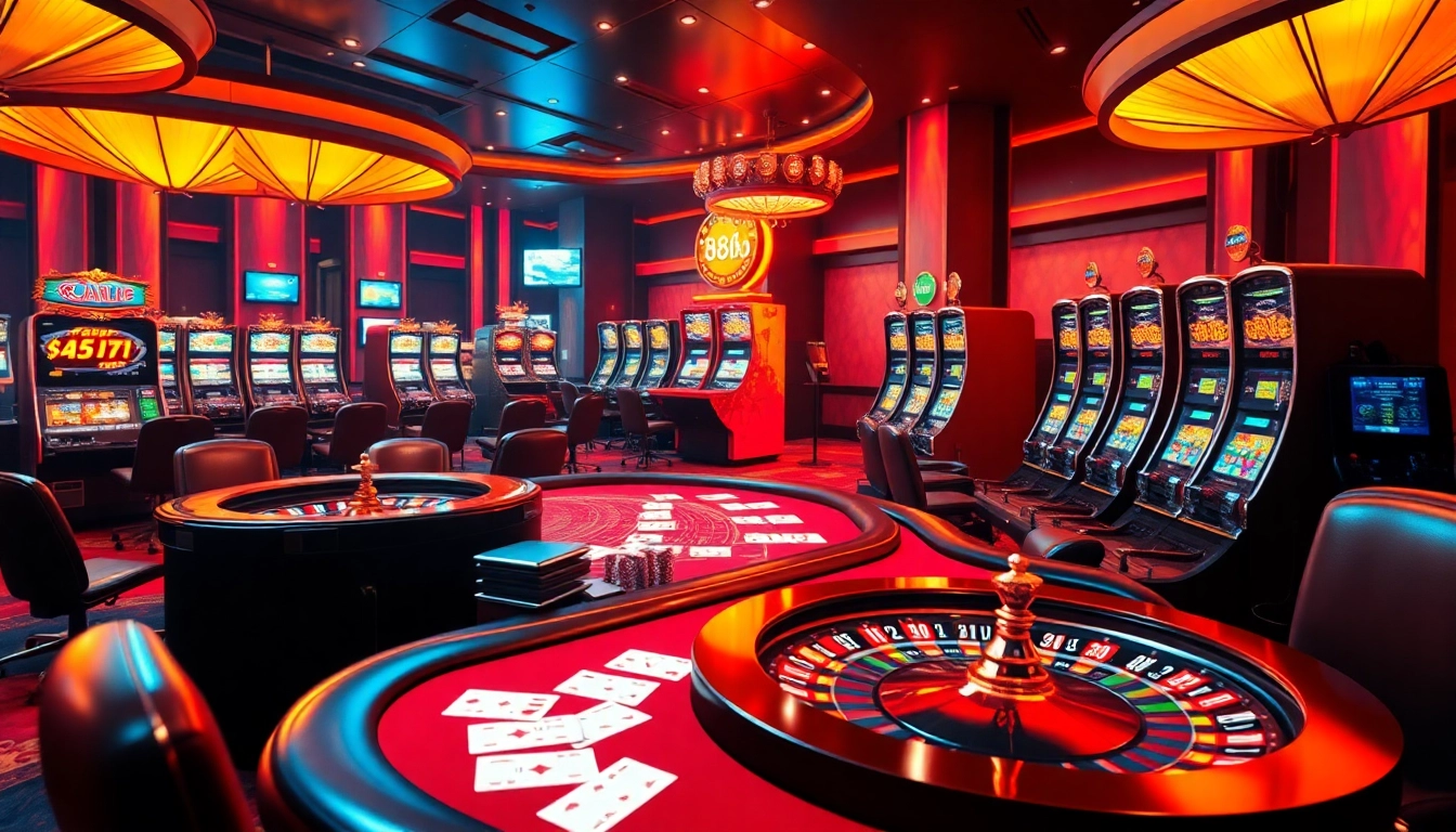 Exciting online gambling environment featuring 88i with poker tables, slot machines, and vibrant casino elements.