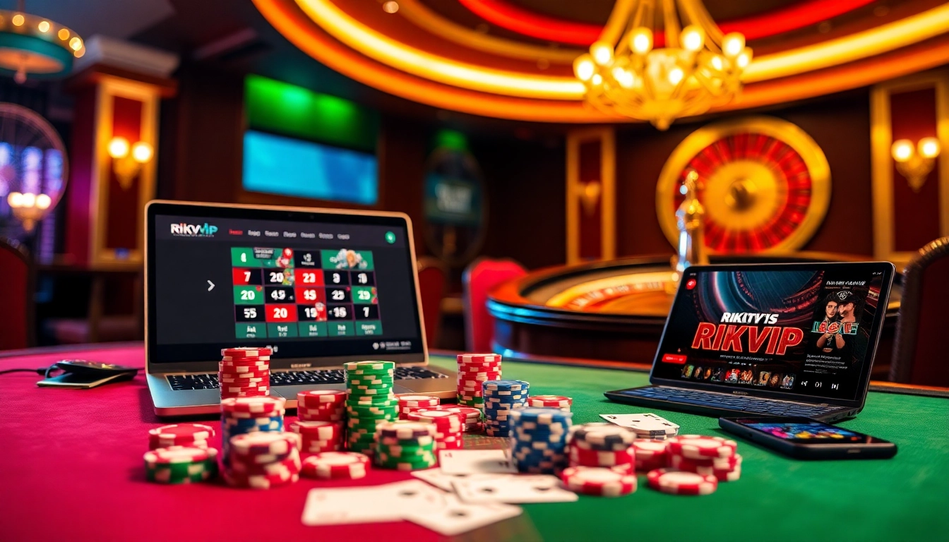 Engaging players enjoying casino games at rikvip with poker chips and a roulette wheel.