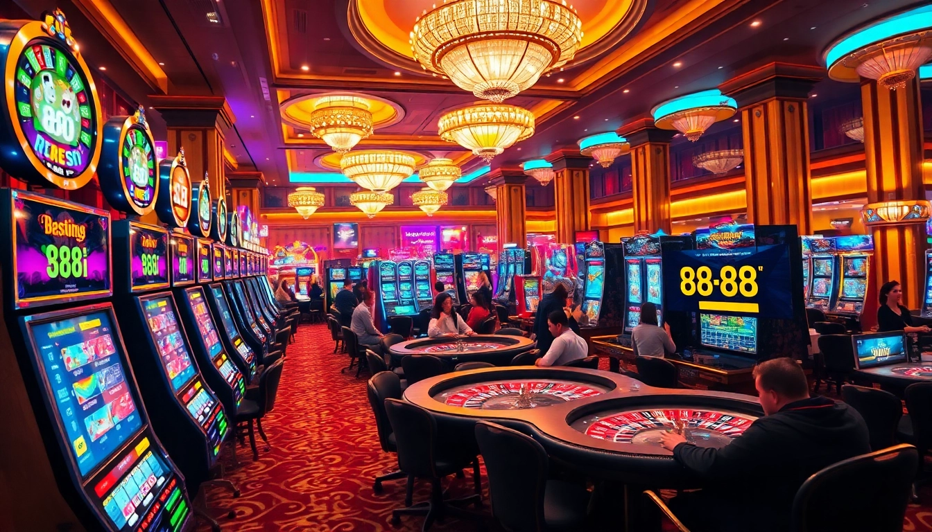 Gambling enthusiasts engaging in exciting gameplay at 88i casino with vibrant slot machines and poker tables.