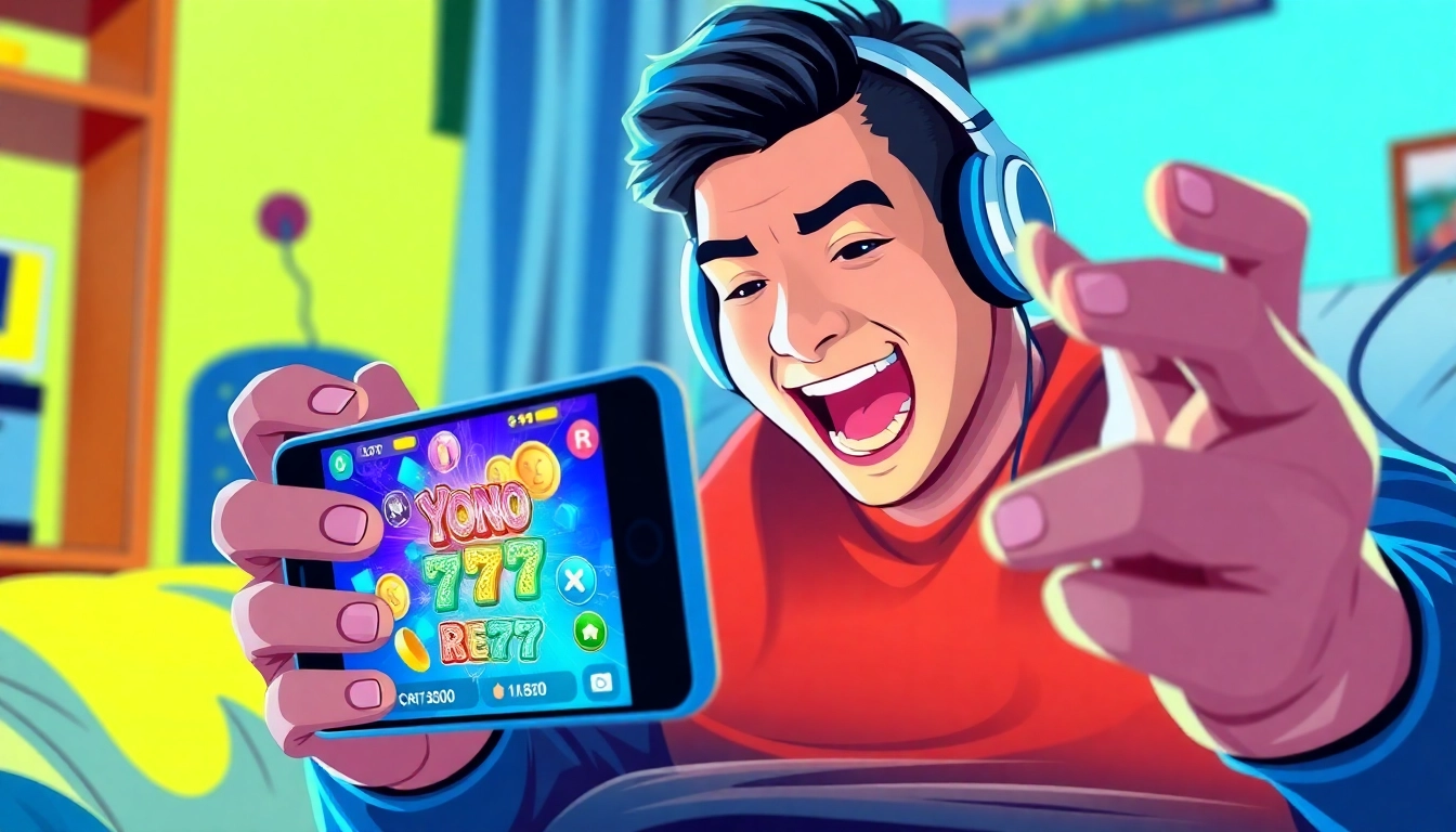 A dynamic visual of Yono 777 app gameplay on a smartphone, highlighting vibrant graphics and an engaged player.