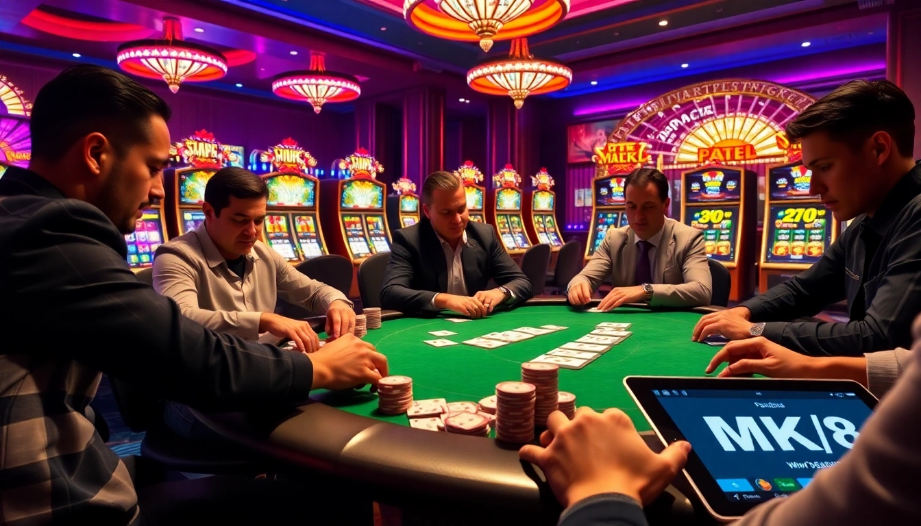 Players enjoying poker at MK8 casino, showcasing excitement and high stakes gambling.