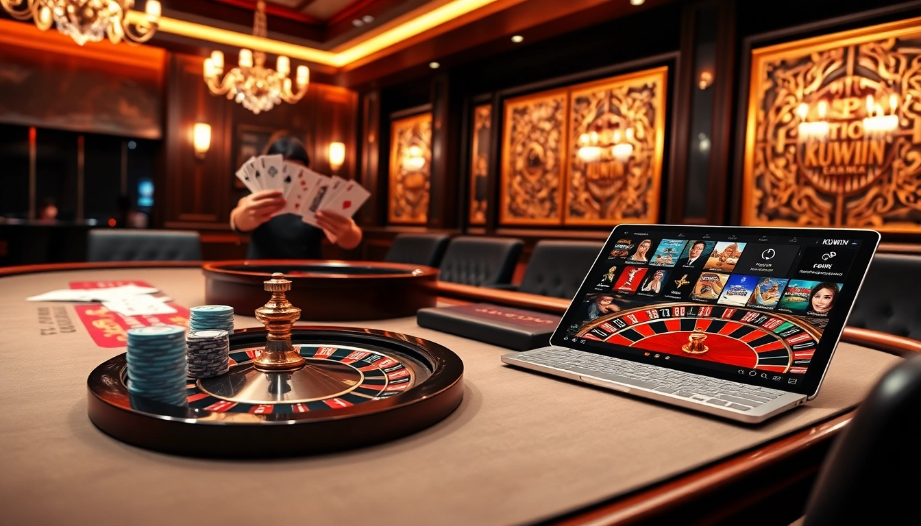 Join the thrilling gambling experience at https://kuwinblog.com/ with a vibrant casino setting featuring poker chips and online gaming.