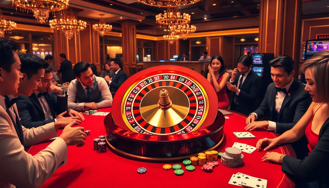 Players enjoy the luxury of a KK55 roulette experience at a vibrant casino table.