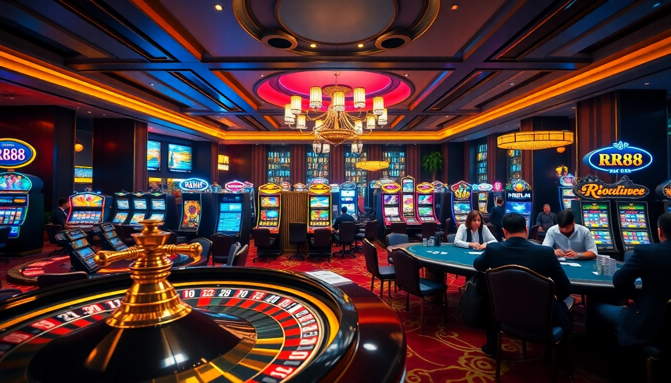 An engaging scene of gamblers enjoying the thrill at RR88's luxurious casino tables with vibrant slot machines.
