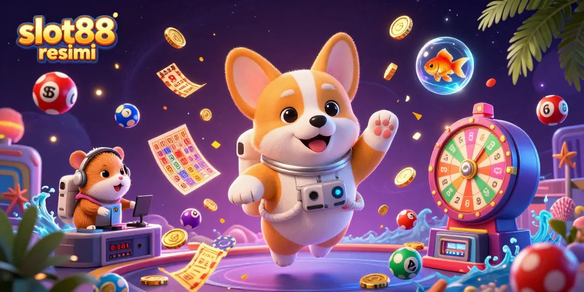 Engage with slot88 resmi in a vibrant 3D casino scene featuring playful characters and dynamic game elements.