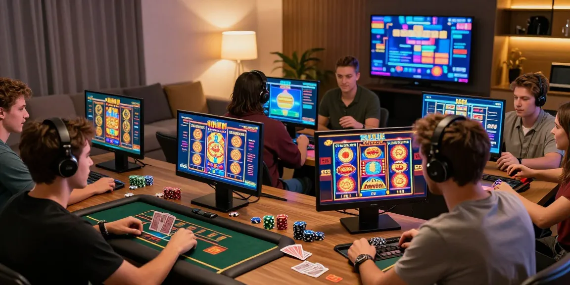 Players enjoying new online casinos with colorful games and devices, capturing excitement and engagement