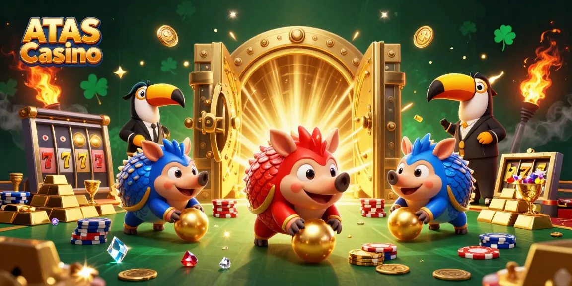 Engaging illustration of ATAS Casino featuring pangolins competing in a slot game amidst a treasure-filled casino ambiance.