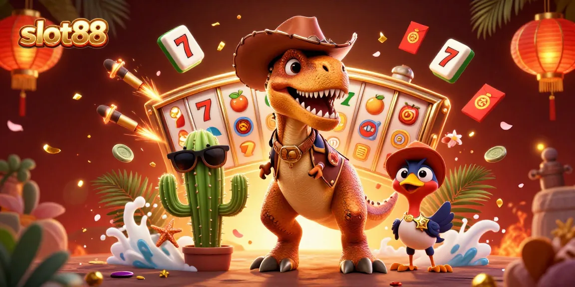 Slot88 menawarkan permainan slot yang menggiurkan dengan karakter kartun menarik di latar belakang berwarna cerah.