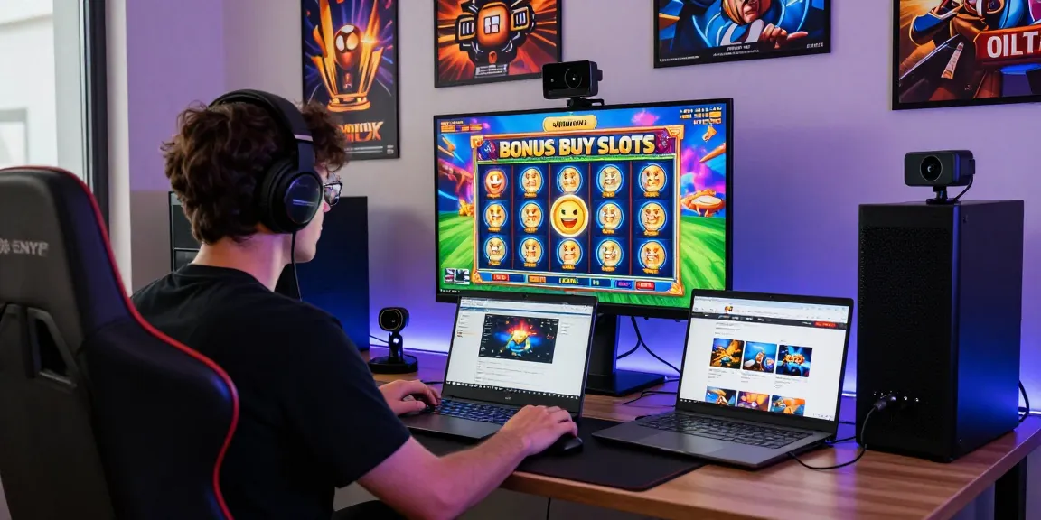 Engaging online gaming scene at cocomaya.co.uk featuring a player immersed in Bonus Buy Slots with vibrant graphics and gaming accessories for an energetic atmosphere.