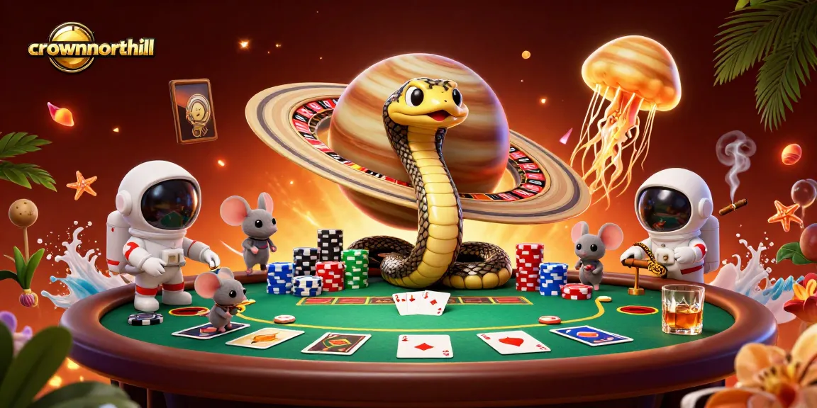 Experience exhilarating gaming at crownnorthill with astronauts betting amid vibrant cosmic casino elements.