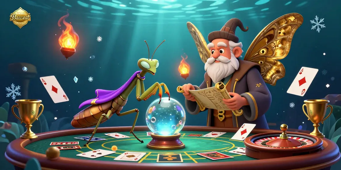 Baccarat scene featuring a fortune teller mantis and moth librarian surrounded by betting elements