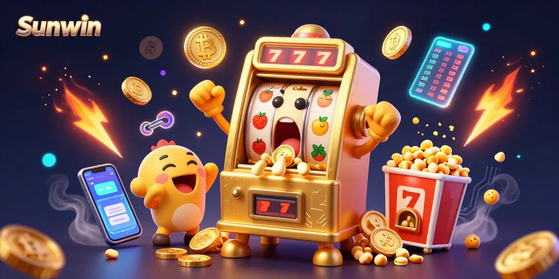 Watch the Sunwin slot machine hit the jackpot amidst golden celebrations and glowing crypto elements!