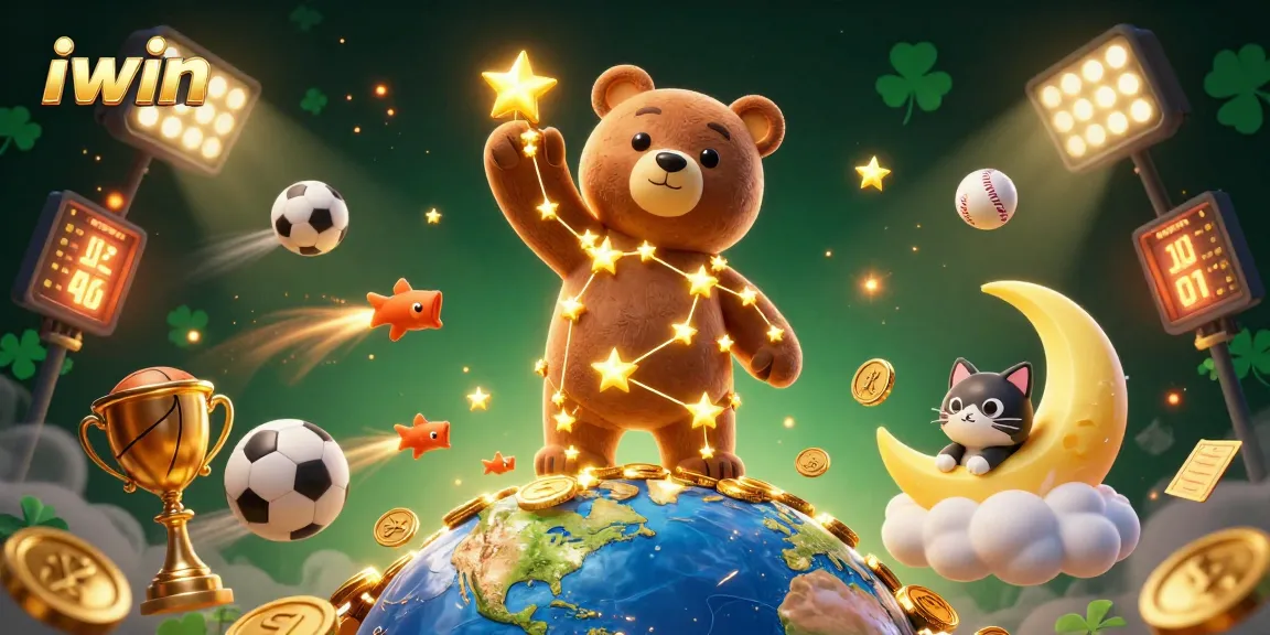 iwin showcases an exciting 3D casino illustration with a golden constellation bear and sports elements combining fun with gaming.