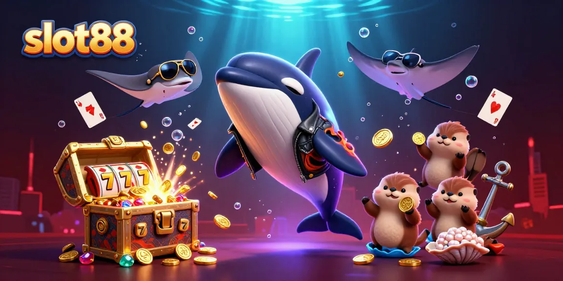 Slot88 memberikan peluang kepada pemain dengan ilustrasi orca, stingray, dan berang-berang beruntung dalam suasana kasino yang penuh warna.