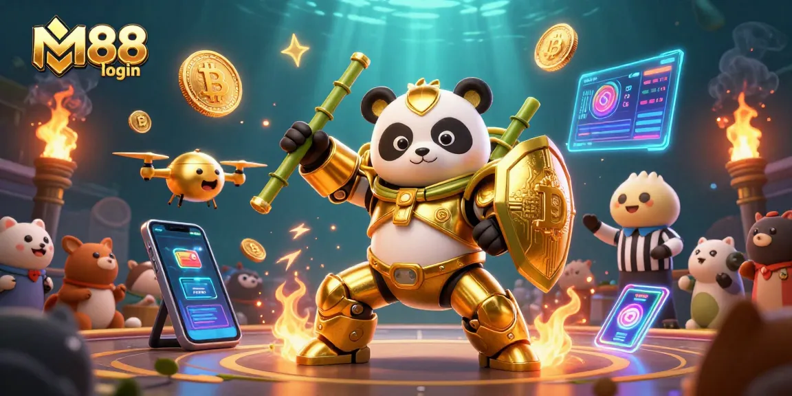 Engage in thrilling gameplay with M88 login amidst dynamic 3D casino elements and crypto visuals.