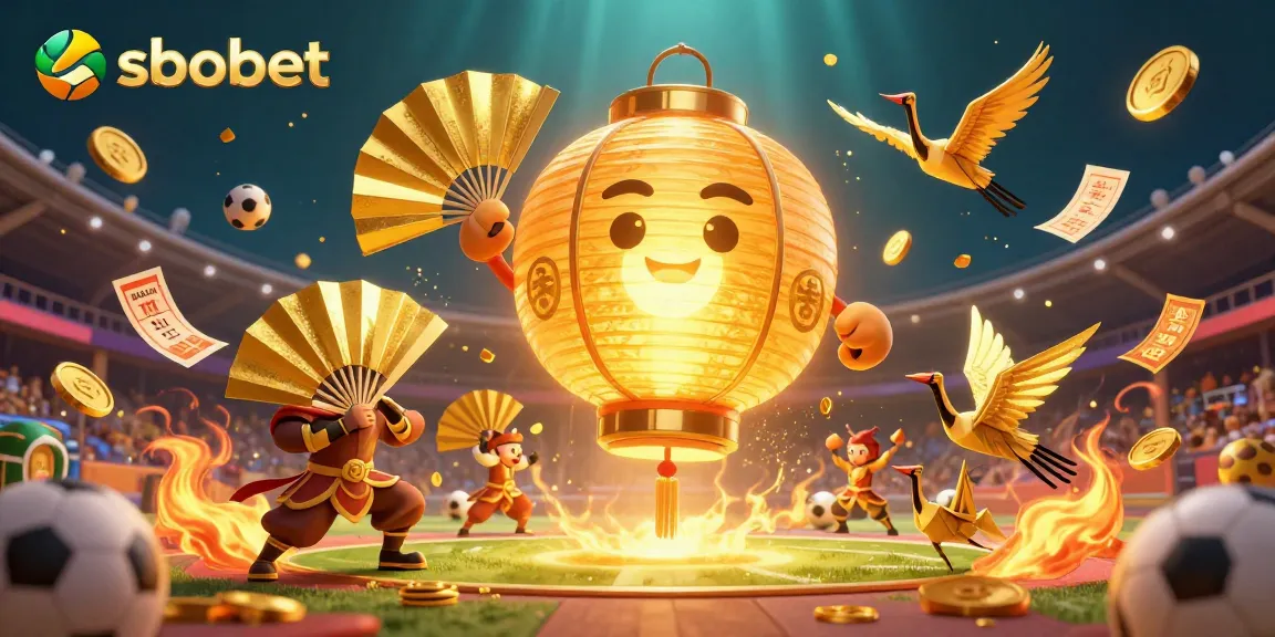 SBOBET sports betting arena illustration featuring vibrant characters, balls, and exciting betting action.